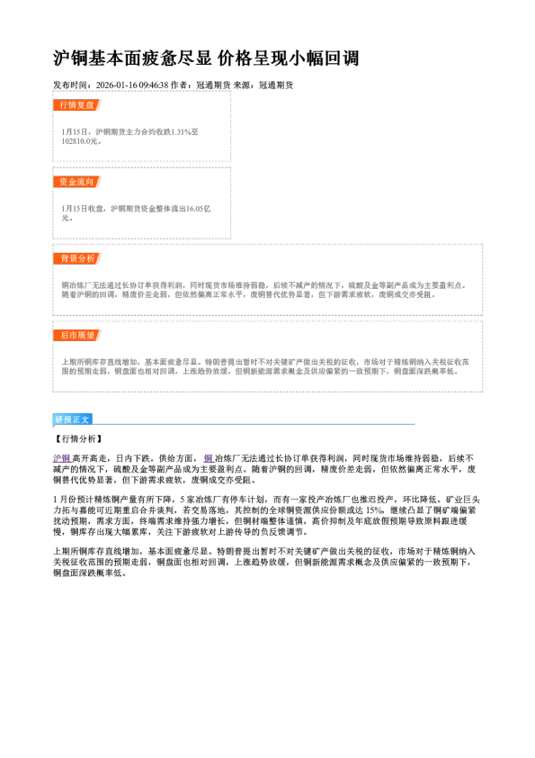 沪铜基本面疲惫尽显 价格呈现小幅回调