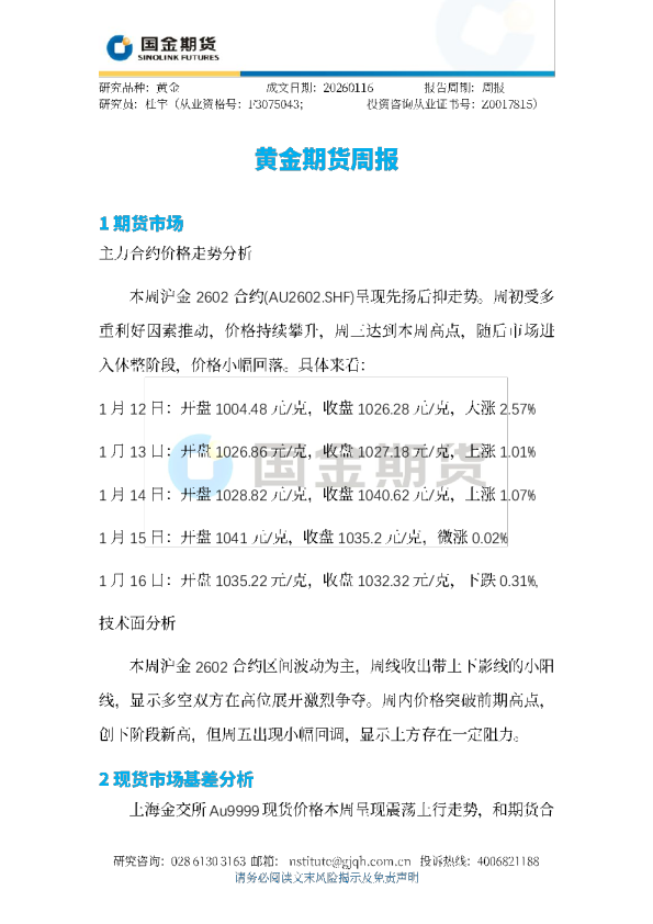 黄金期货周报