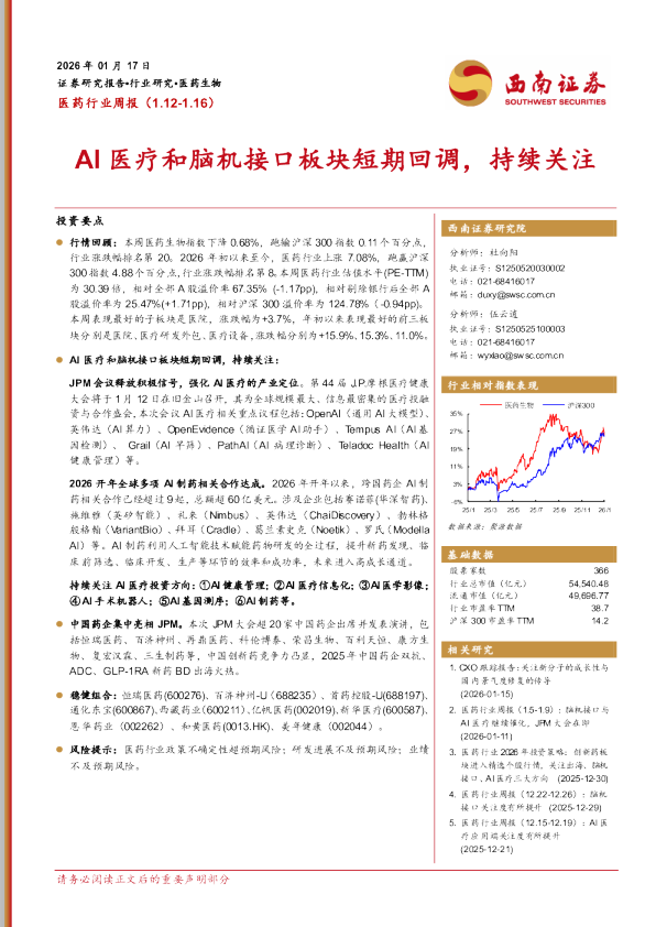 AI医疗和脑机接口板块短期回调，持续关注
