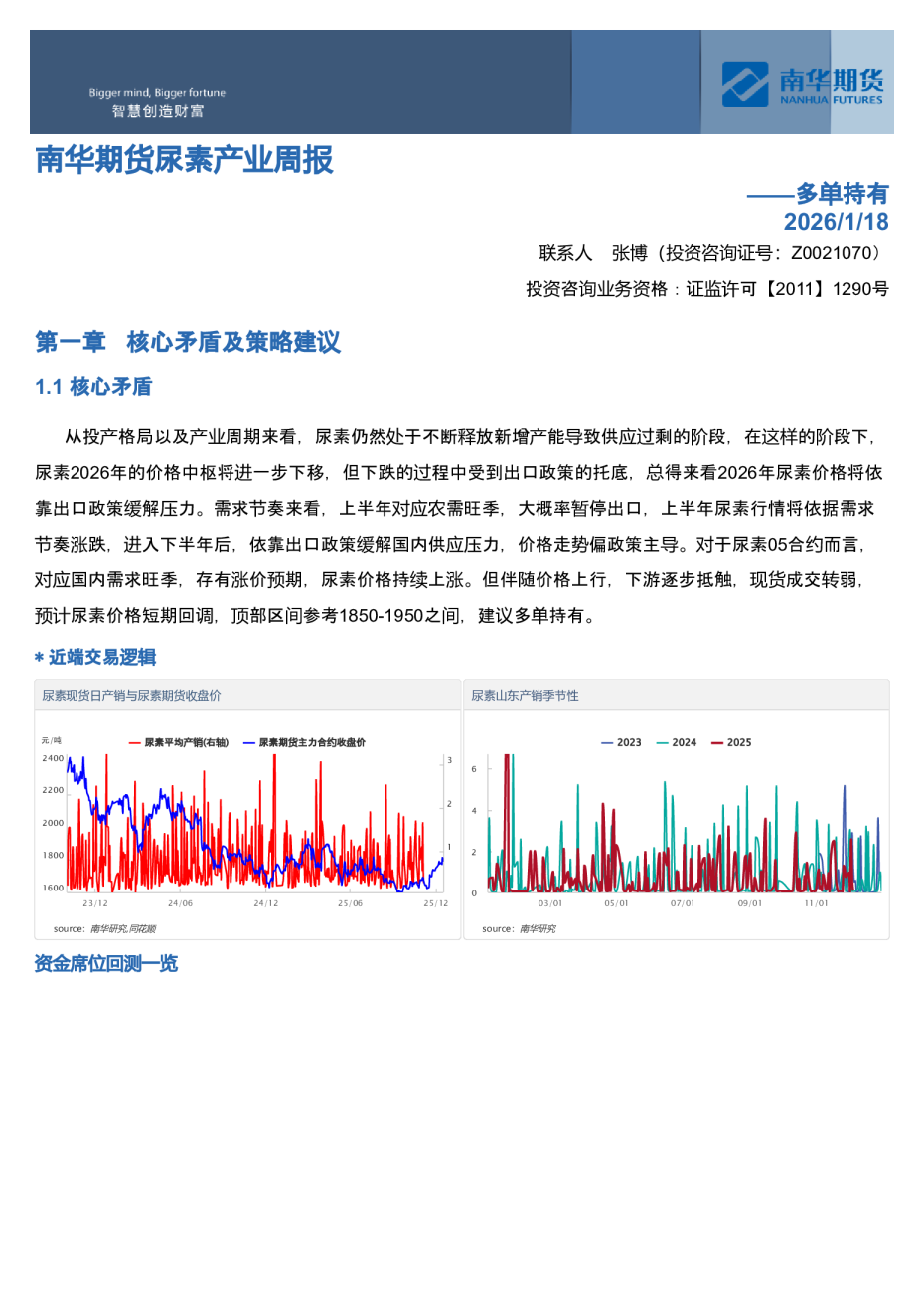 南华期货尿素产业周报：多单持有