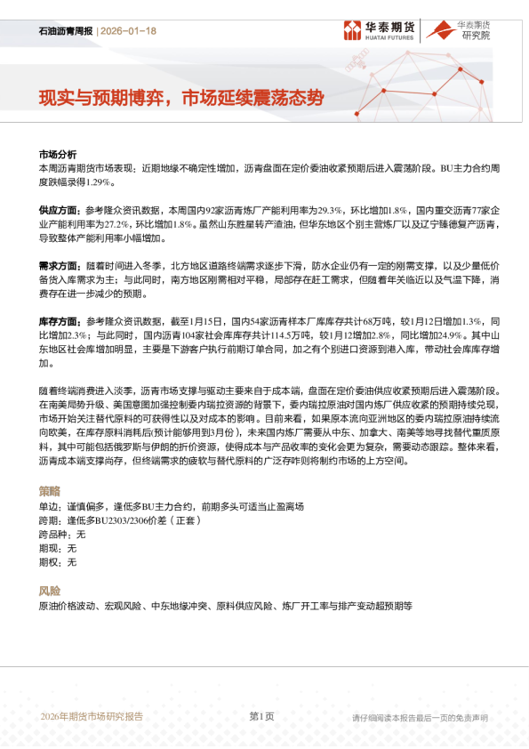 石油沥青周报：现实与预期博弈，市场延续震荡态势