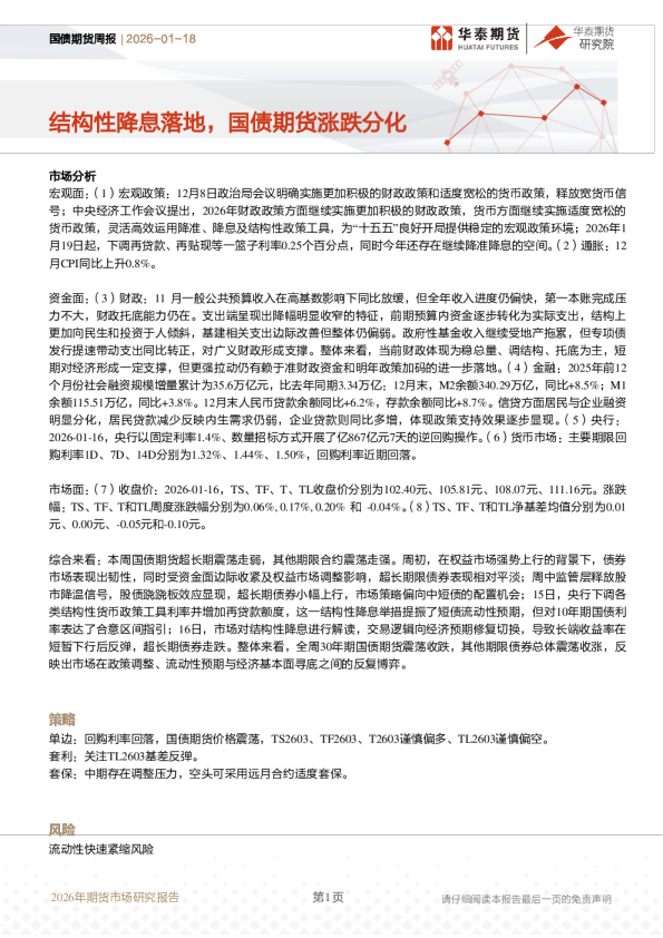 国债期货周报：结构性降息落地，国债期货涨跌分化