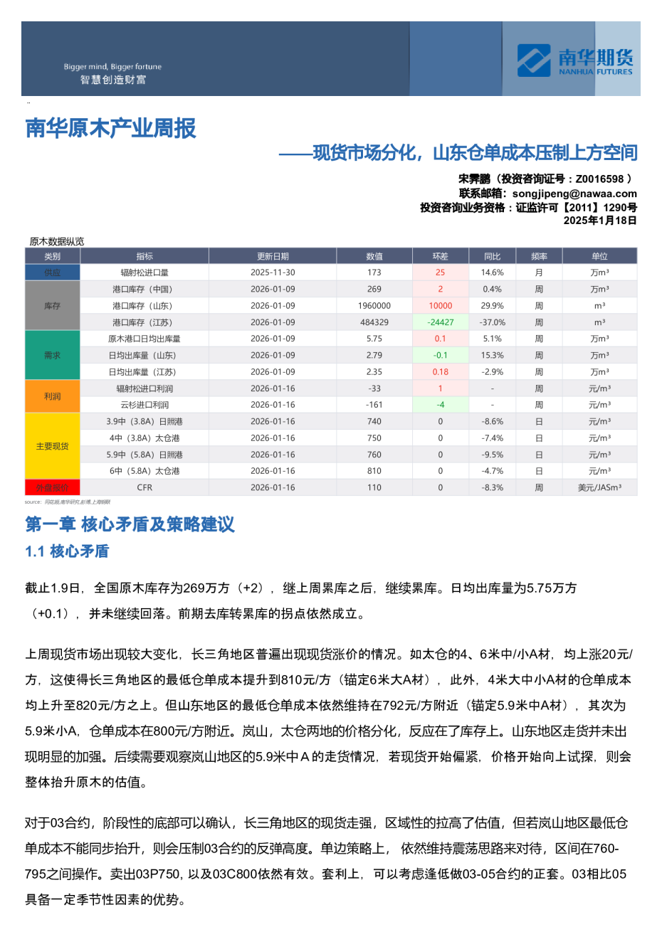 南华原木周报：现货市场分化，山东仓单成本压制上方空间