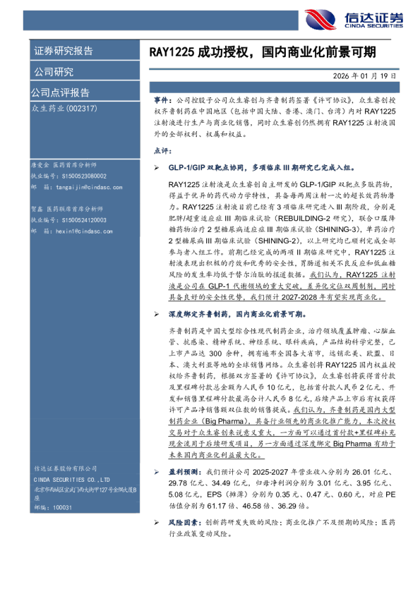 RAY1225成功授权，国内商业化前景可期