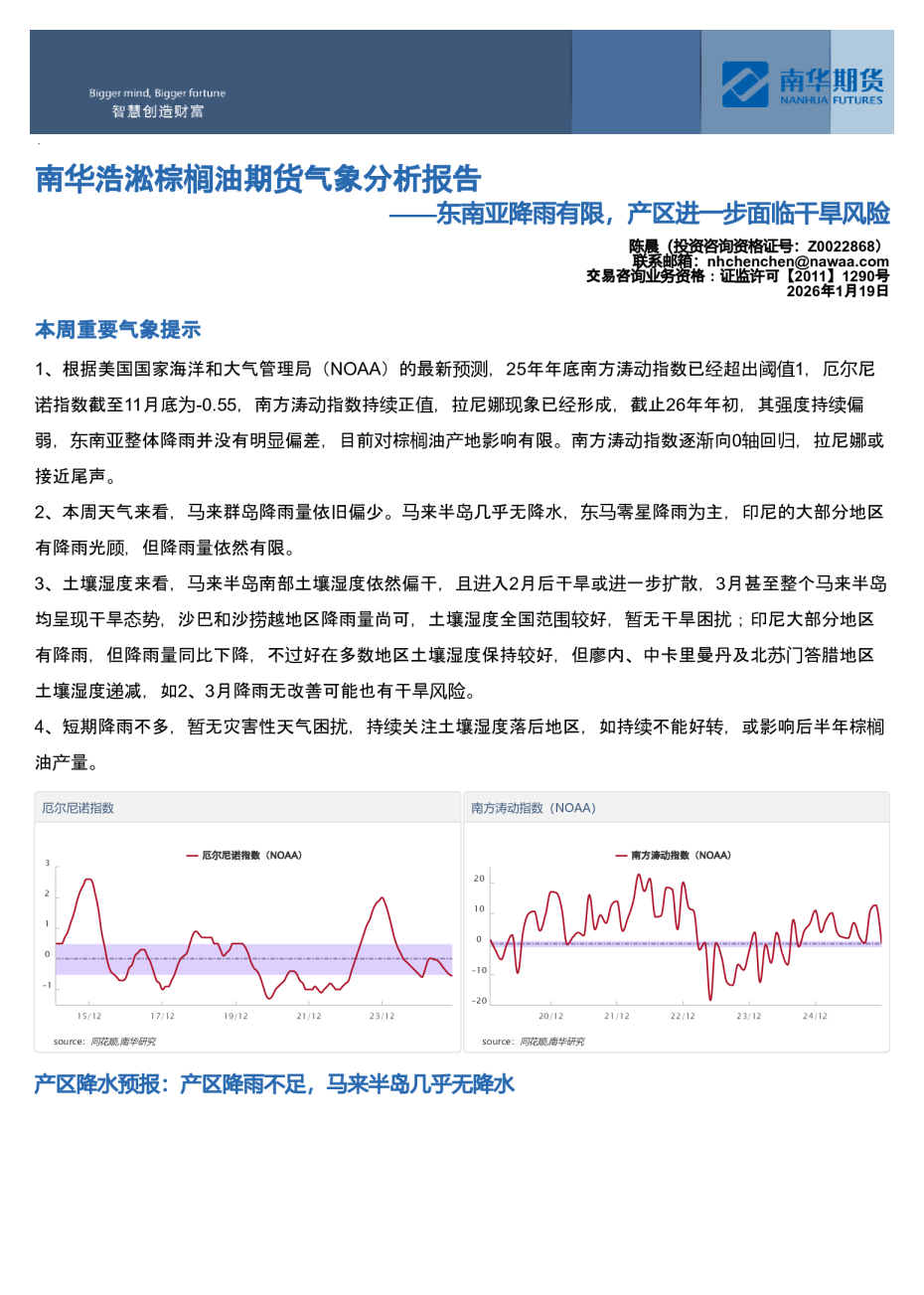 南华浩淞棕榈油期货气象分析报告：东南亚降雨有限，产区进一步面临干旱风险