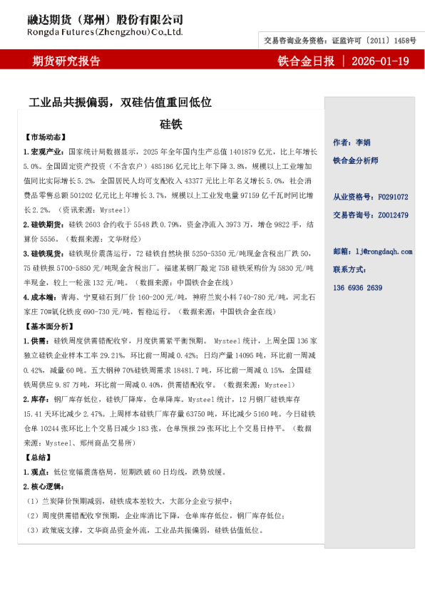 融达期货铁合金日报-工业品共振偏弱，双硅估值重回低位