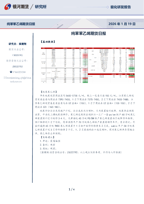 纯苯苯乙烯期货日报