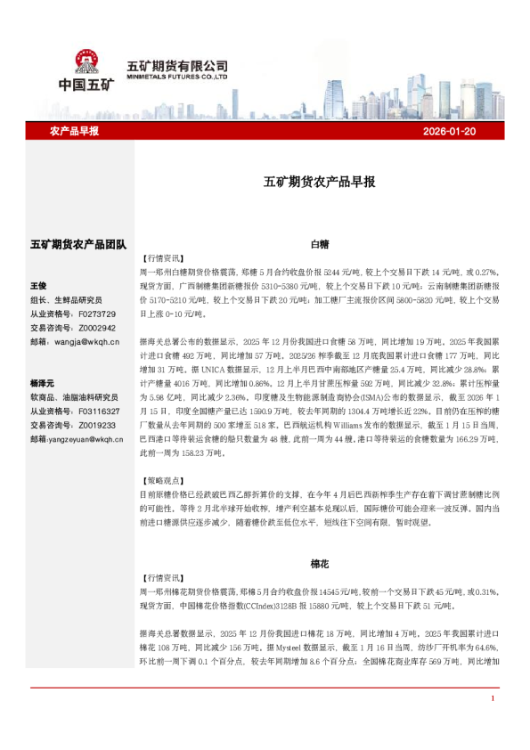 2026-01-20：五矿期货农产品早报