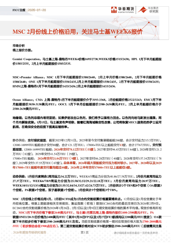 FICC日报：MSC2月份线上价格沿用，关注马士基WEEK6报价