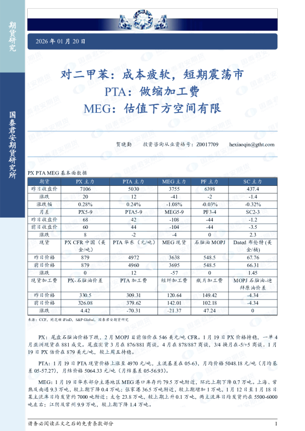 对二甲苯：成本疲软，短期震荡市，PTA：做缩加工费，MEG：估值下方空间有限