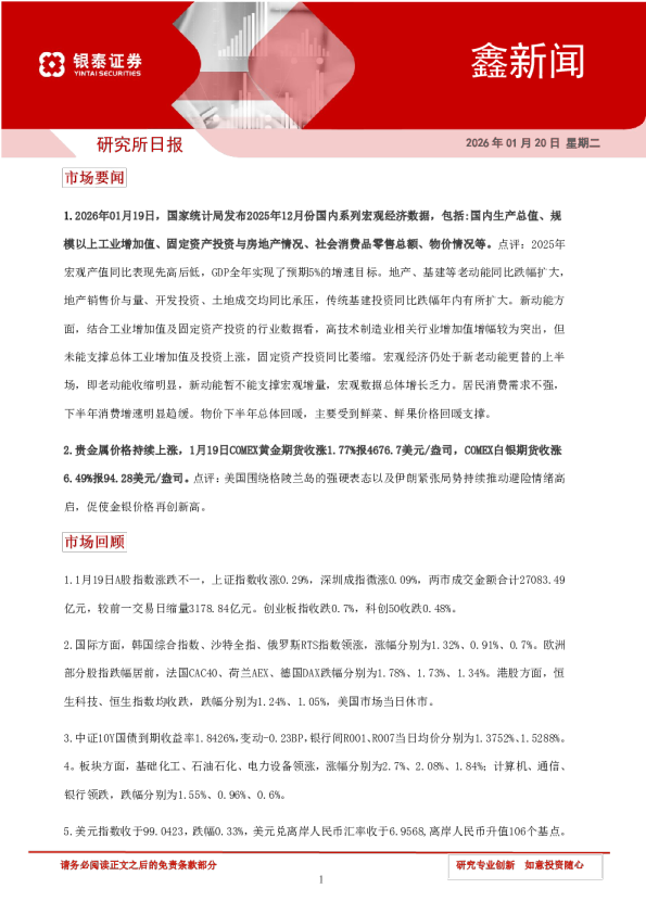 银泰证券研究所日报