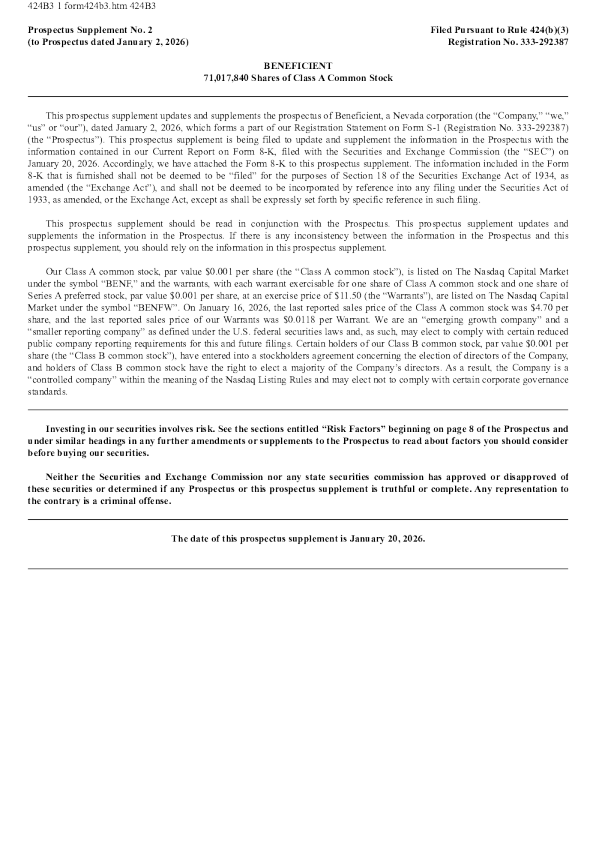 Beneficient-A美股招股说明书(2026-01-20版)