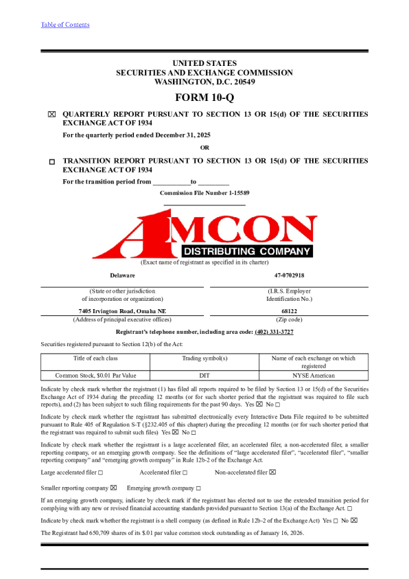 AMCON Distributing Co 2026年季度报告