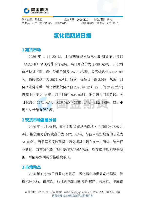 氧化铝期货日报