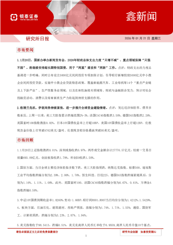 银泰证券鑫新闻：研究所日报