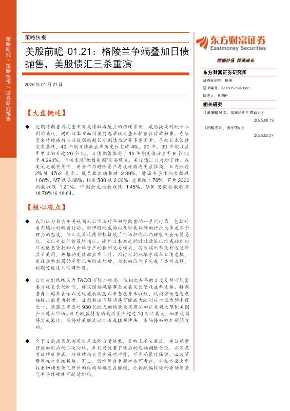美股前瞻01.21：格陵兰争端叠加日债抛售，美股债汇三杀重演