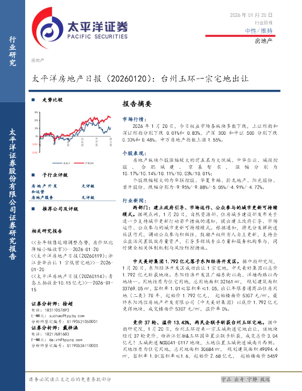 太平洋房地产日报：台州玉环一宗宅地出让