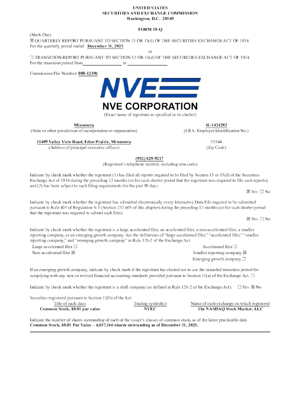 NVE Corp 2026年季度报告