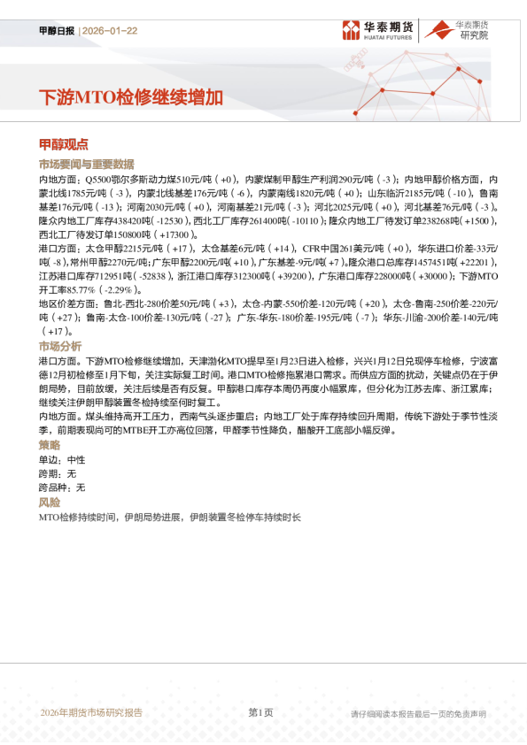 甲醇日报：下游MTO检修继续增加
