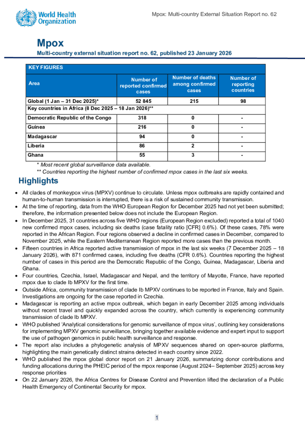 猴痘多国爆发，外部情况报告第62号-2026年1月23日