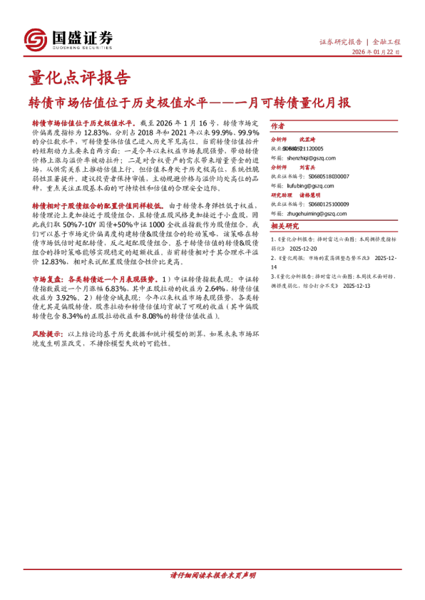 转债市场估值位于历史极值水平——一月可转债量化月报