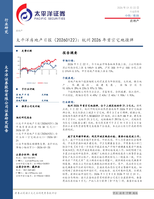 太平洋房地产日报（20260122）：杭州2026年首宗宅地挂牌