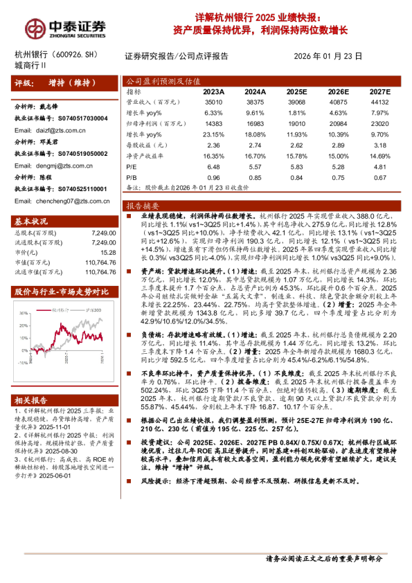 资产质量保持优异，利润保持两位数增长