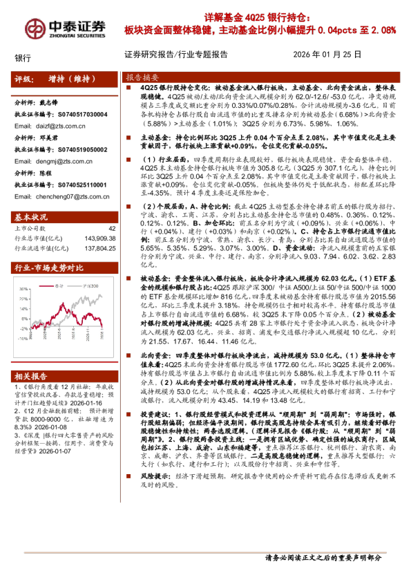 详解基金4Q25银行持仓：板块资金面整体稳健，主动基金比例小幅提升0.04pcts至2.08%