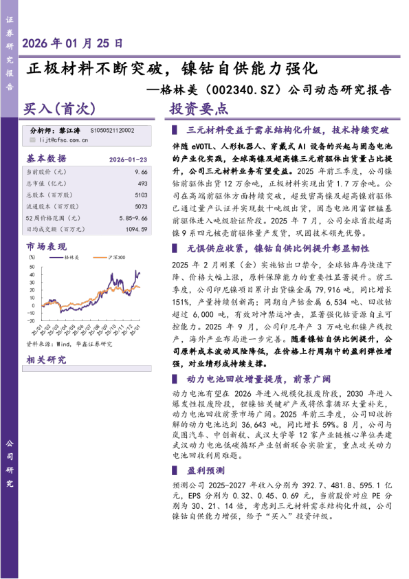 公司动态研究报告：正极材料不断突破，镍钴自供能力强化