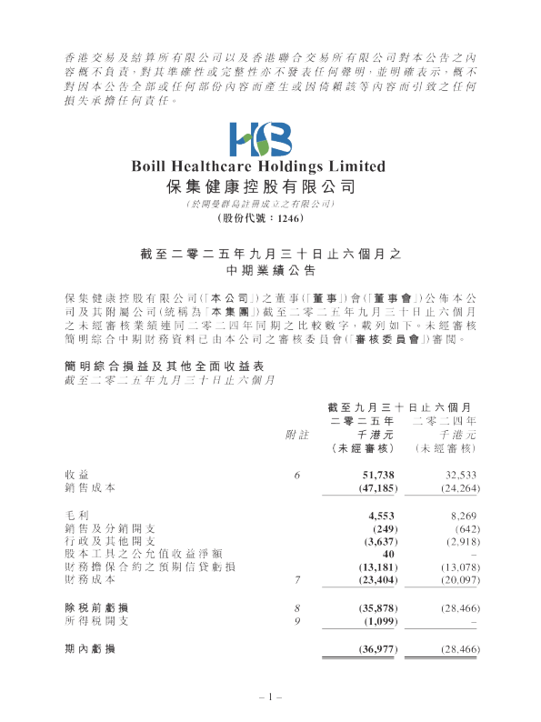 保集健康：截至二零二五年九月三十日止六个月之中期业绩公告