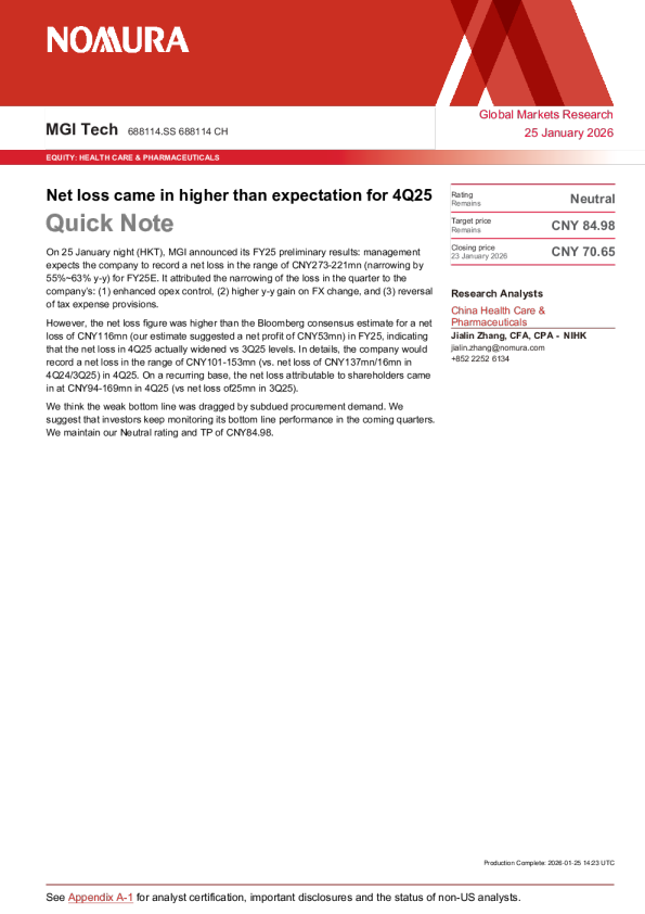 2025年第四季度净亏损高于预期速报