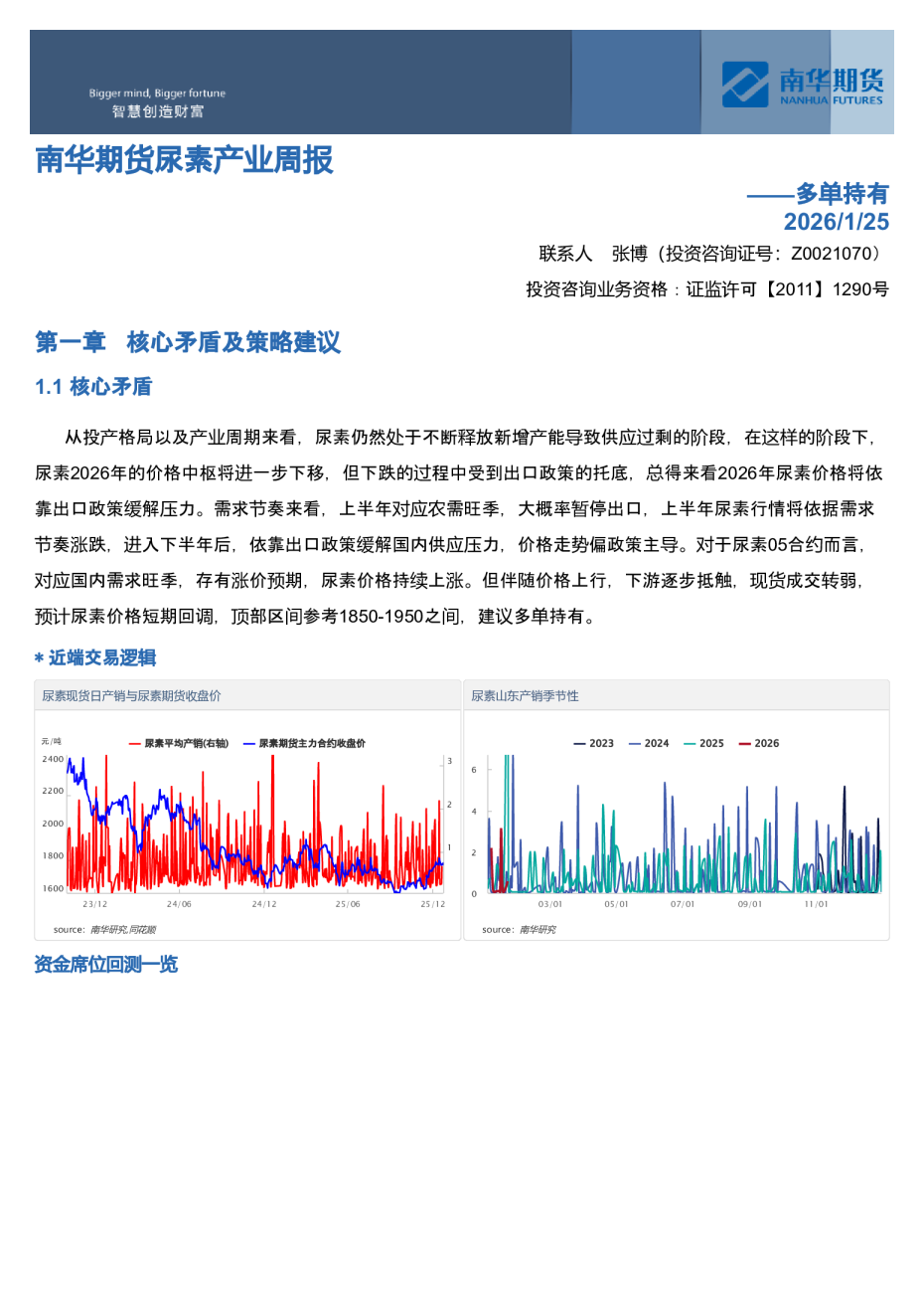 南华期货尿素产业周报：多单持有20260126