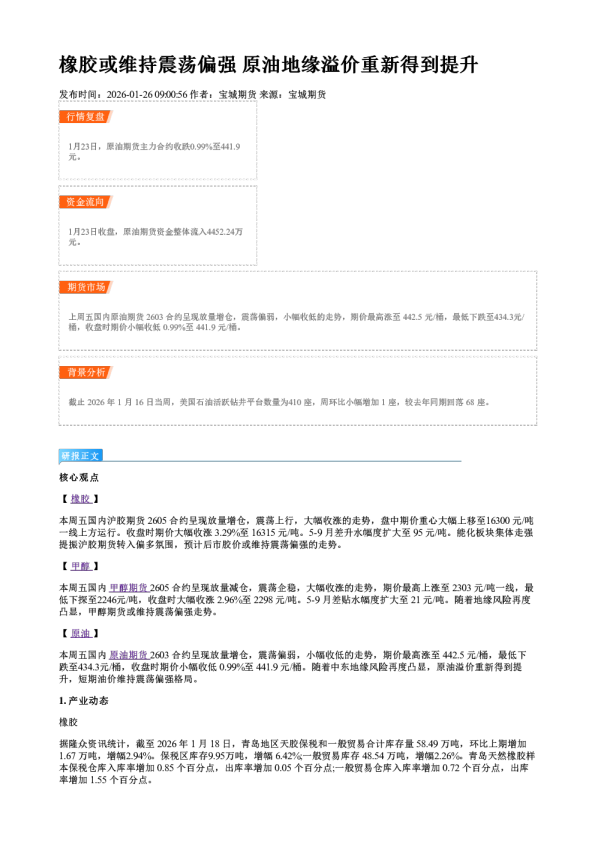 橡胶或维持震荡偏强 原油地缘溢价重新得到提升
