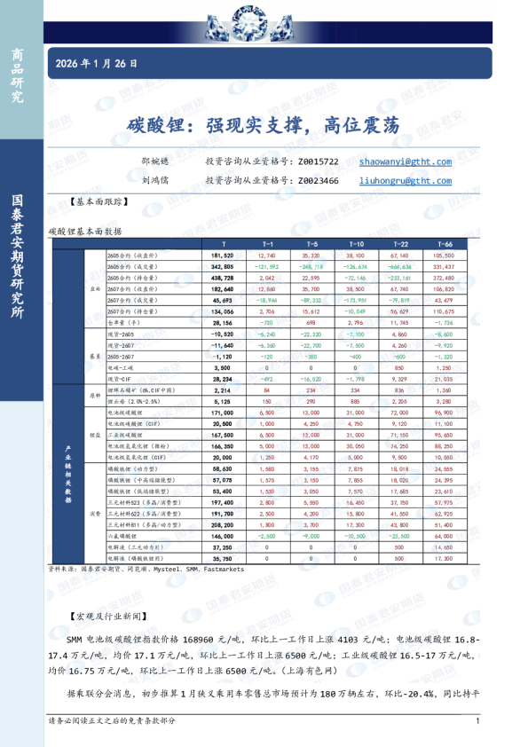 碳酸锂：强现实支撑，高位震荡