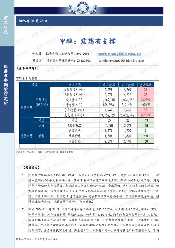 甲醇：震荡有支撑