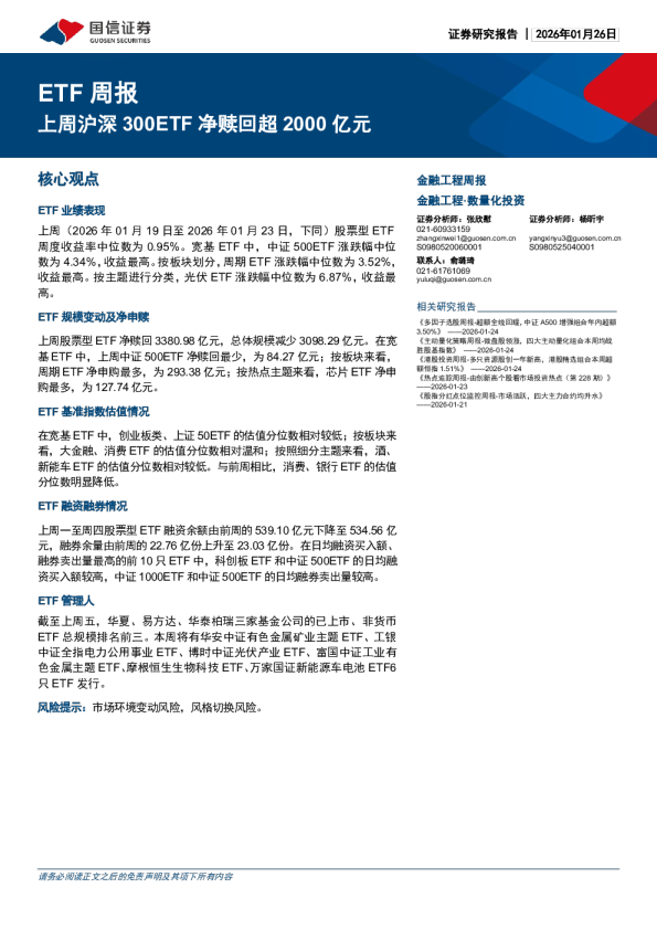ETF周报：上周沪深300ETF净赎回超2000亿元