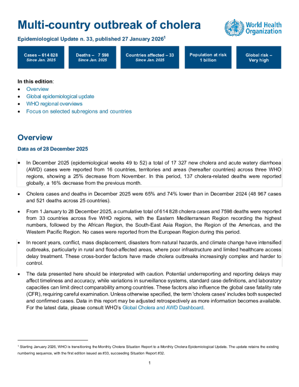 多国霍乱爆发，流行病学最新情况#33-2026年1月27日