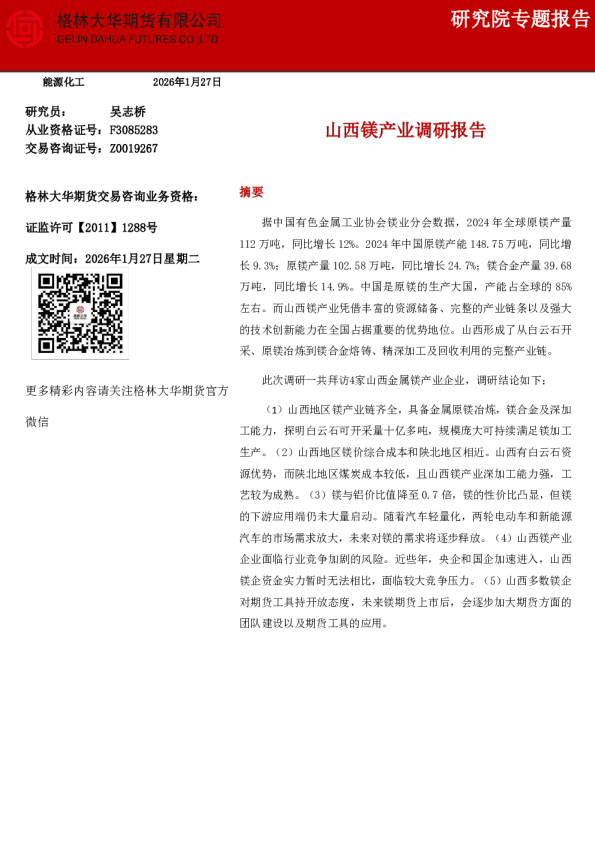 山西镁产业调研报告