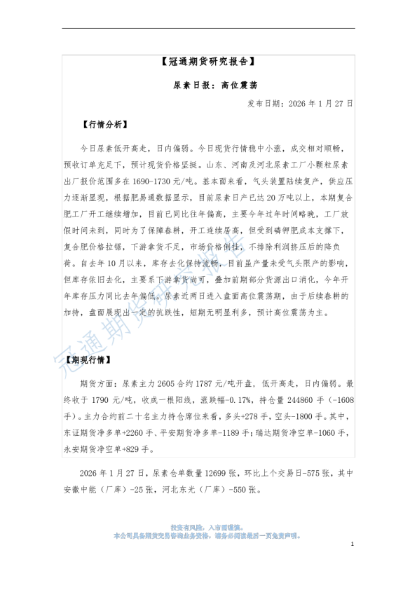 尿素日报：高位震荡