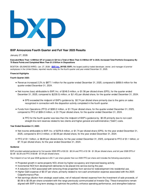 BXP公司2026年第四季度报告