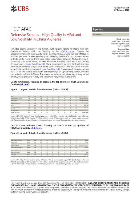 防御性筛选：亚太除日本地区的高质量与中国A股的低波动性