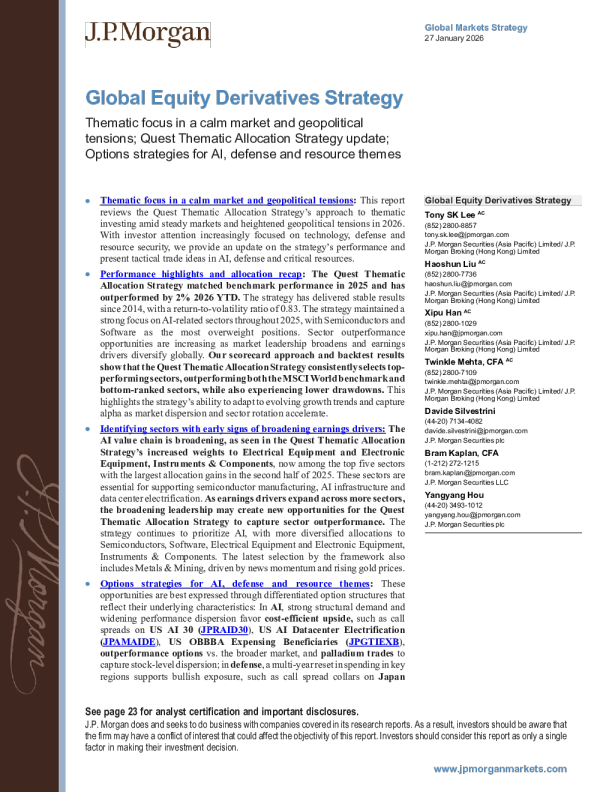 Theme focus under peaceful market conditions and geopolitical tensions; Quest thematic allocation strategy update; Option strategies for artificial intelligence, national defense, and resources themes