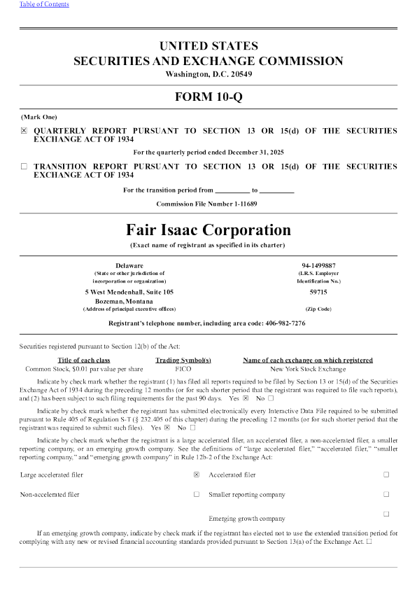 Fair Isaac Corp 2026年季度报告