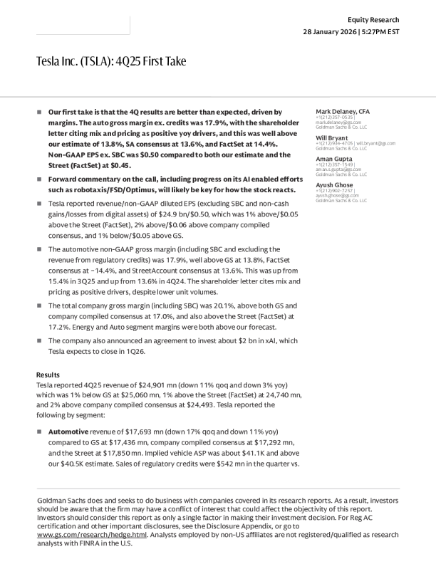 特斯拉公司（TSLA）：2025年第四季度初析