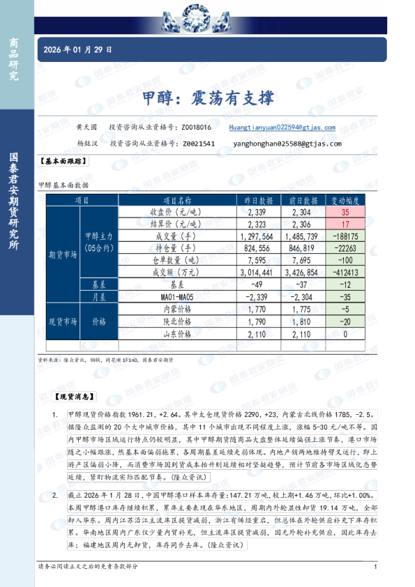 甲醇：震荡有支撑