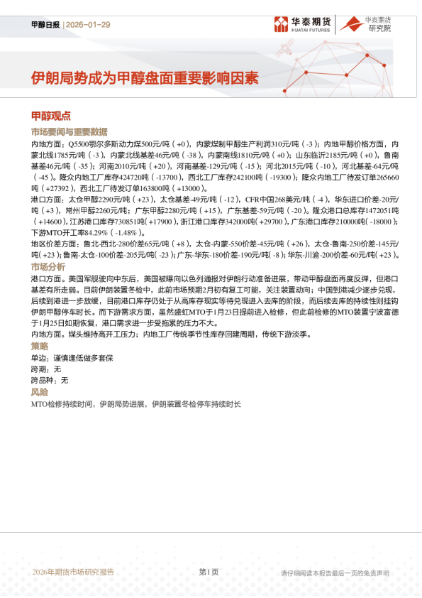 甲醇日报：伊朗局势成为甲醇盘面重要影响因素