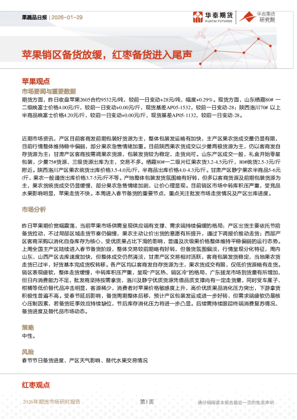 果蔬品日报：苹果销区备货放缓，红枣备货进入尾声