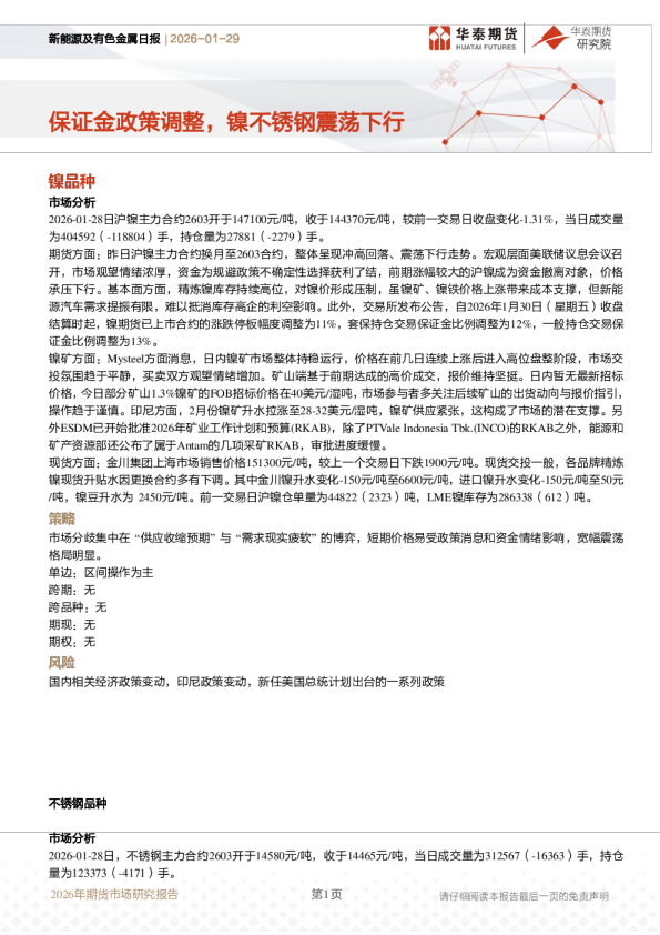 新能源及有色金属日报：保证金政策调整，镍不锈钢震荡下行