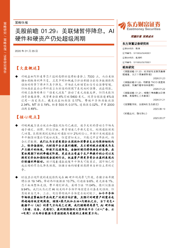 美股前瞻01.29：美联储暂停降息，AI硬件和硬资产仍处超级周期