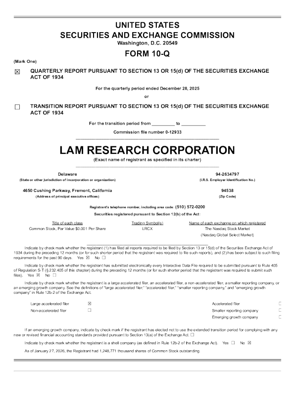 LAM Research 2026年季度报告